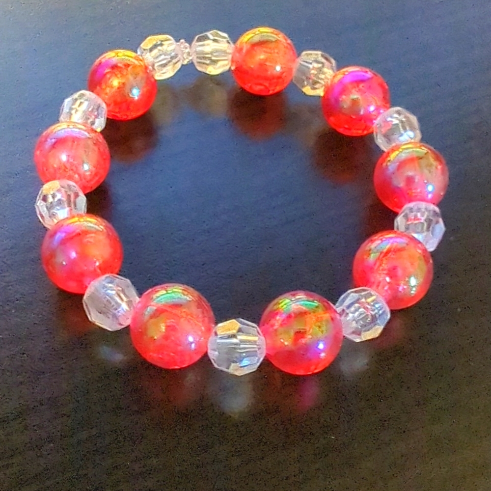 Coral and Clear beaded stretch bracelet